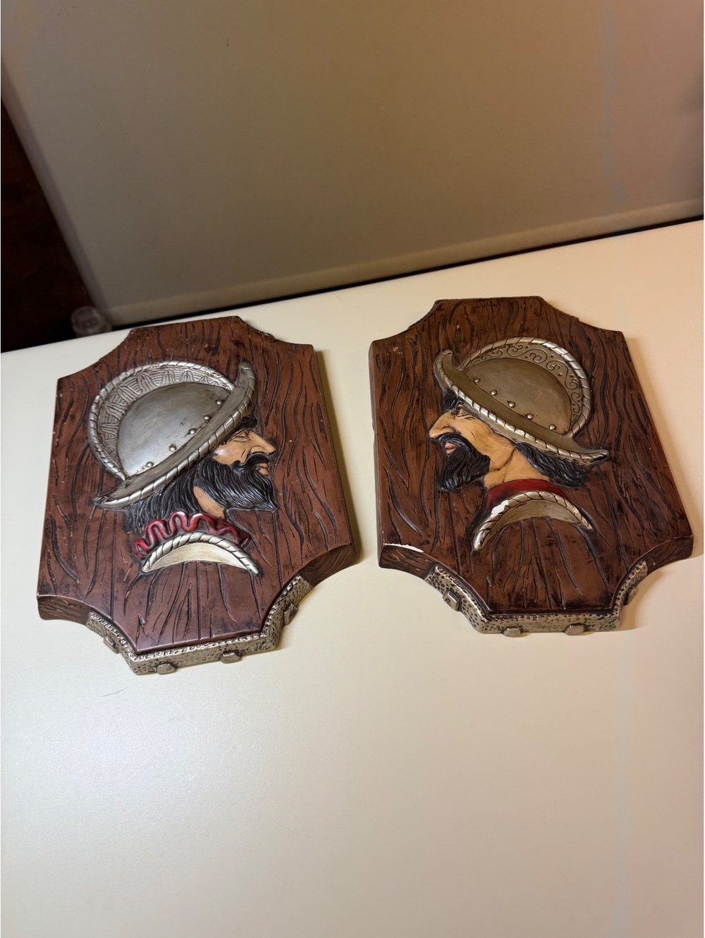 Vintage Pair of Decorative Plaques with Bearded Man in Helmet Design